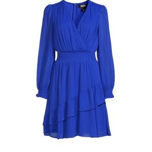 NWOT DKNY Smocked V Neck Mini Blue Dress